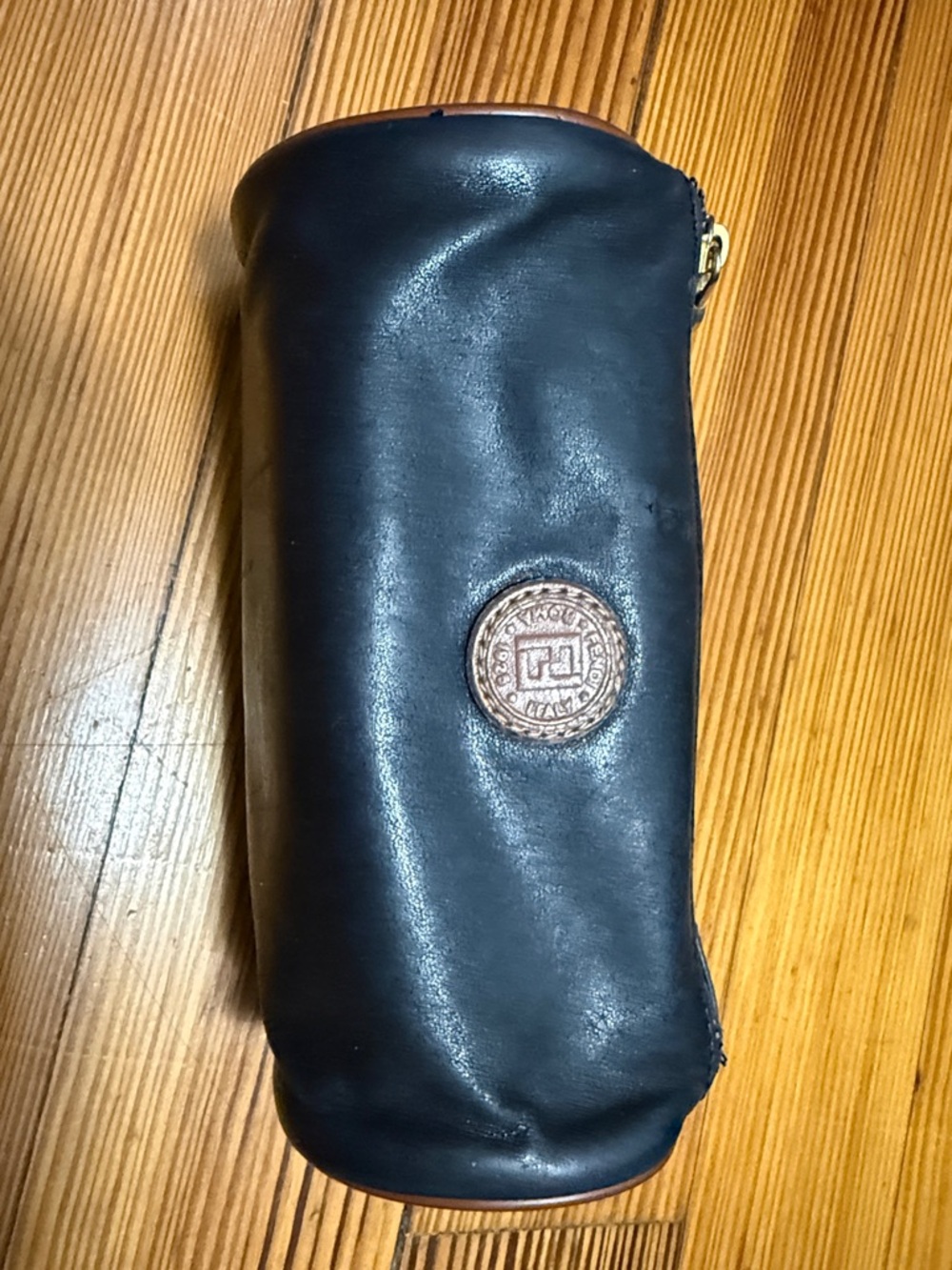 Fendi Black Leather Zip Cosmetic Pouch with Medallion Logo